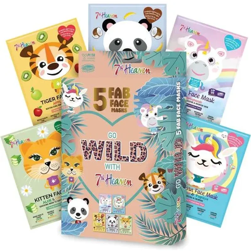 7th Heaven Go Wild Animal Face Sheet Mask Gift Set 5 Fun Hydrating Masks for Kids with Coconut, Apple, Aloe & Banana