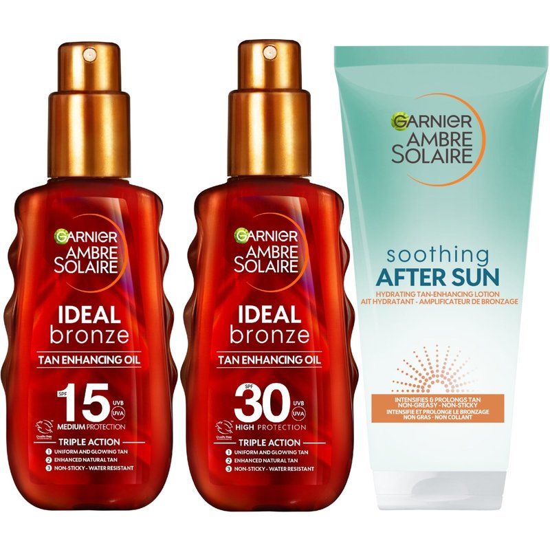 Garnier Ambre Solaire Ideal Bronze Protective Oil SPF15 & SPF30 with After Sun Tan Maintainer