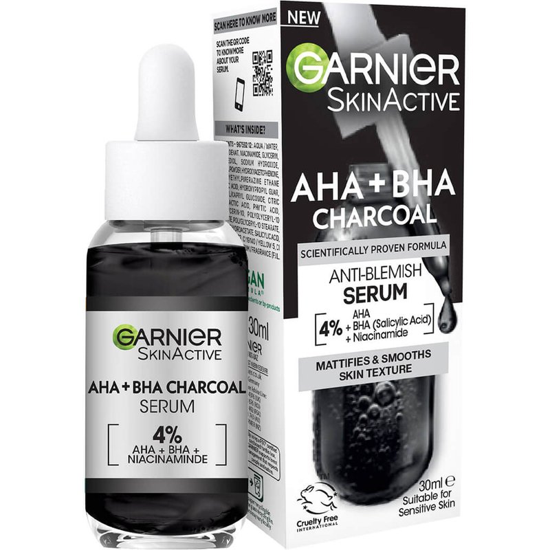 Garnier Skinactive 4% AHA BHA and Niacinamide Charcoal Serum, Resurface and Smooth Skin Texture 30ml