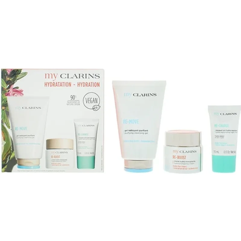 Clarins Hydration Gift Set 125ml Cleansing Gel, 50ml Energising Face Cream & 15ml Replumping Night Mask