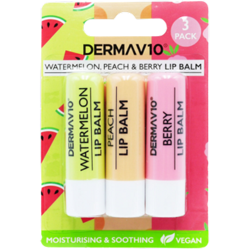 Derma V10 Watermelon Peach & Berry Lip Balm - 3 Pack