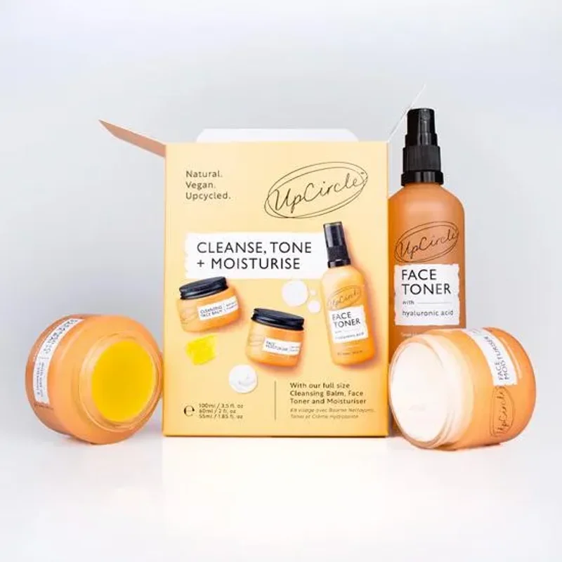 UpCircle Beauty Cleanse, Tone + Moisturise Set 30ml Face Serum, 60ml Face Moisturiser & 55ml Night Crean