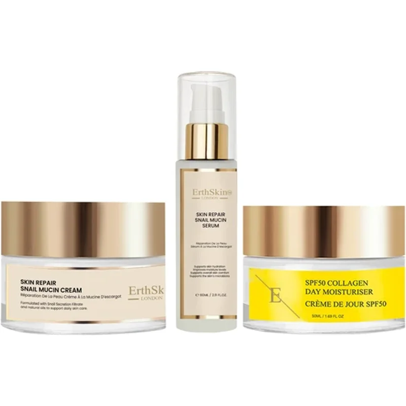Erth Skin London Skin Repair Snail Mucin Cream + Skin Repair Snail Mucin Serum + SPF 50 Collagen Day Cream 50ml + 60ml + 50ml
