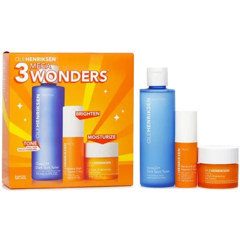 Ole Henriksen 3 Mega Wonders Set: Banana Bright Vitamin C Serum 15ml + Glow2OH Dark Spot Toner 190ml + C-Rush Brightening Gel Creme 35ml 3pcs
