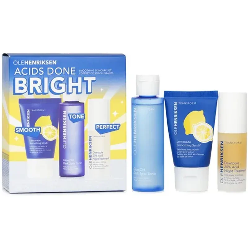 Ole Henriksen Acids Done Bright Set: Lemonade Smoothing Scrub 30g + Glow2OH Dark Spot Toner 65ml + Dewtopia 20% Acid Night Treatment 15ml 3pc
