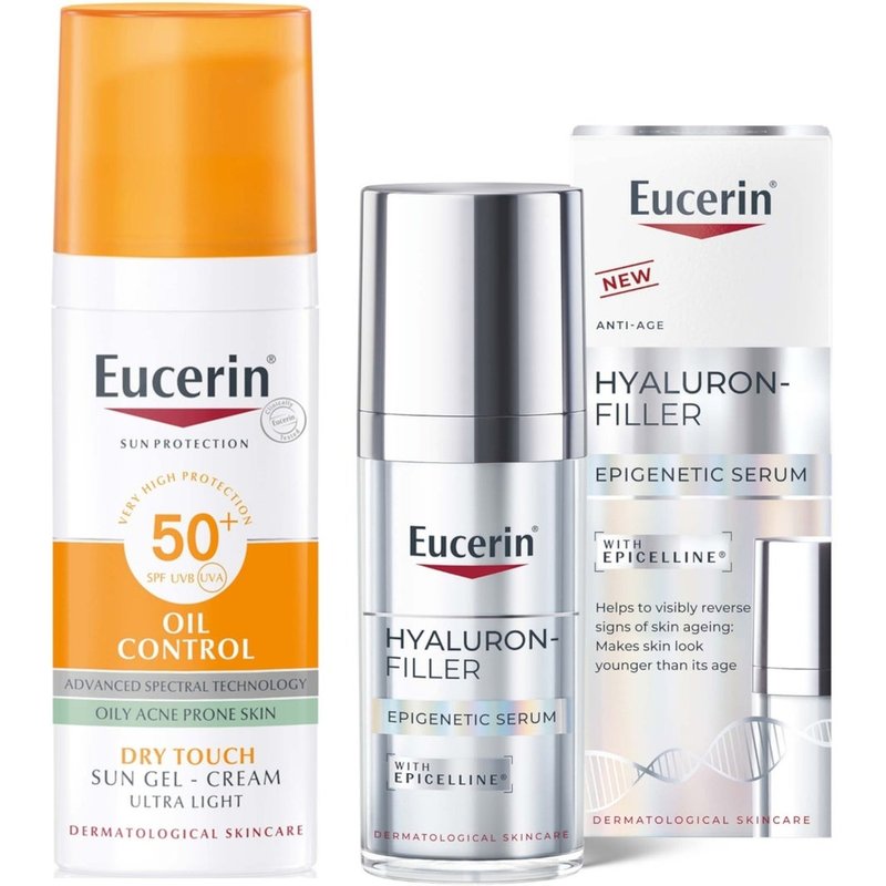Eucerin Hyaluron-Filler Epigenetics Serum 30ml & Sun Face Oil Control 50ml Gel Bundle to Protect & Reverse signs of ageing