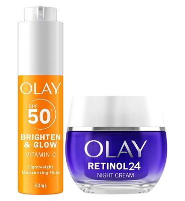 Olay Vitamin C Brighten  Glow 3in1 Moisturiser Face Fluid SPF50+ Hydrating Primer 50ml  Retinol 24 Night Cream 50ml Bundle